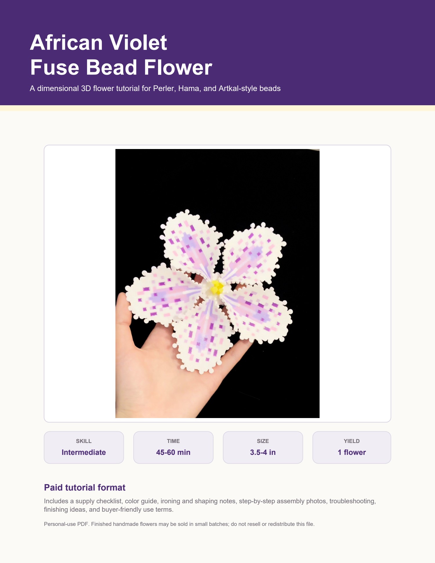 Cover of an African violet fuse bead flower tutorial