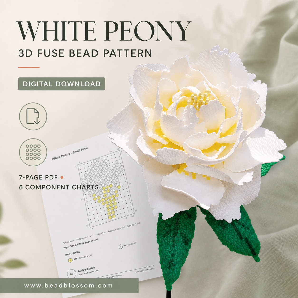 White Peony 3D Mini Fuse Bead Pattern by Bead Blossom